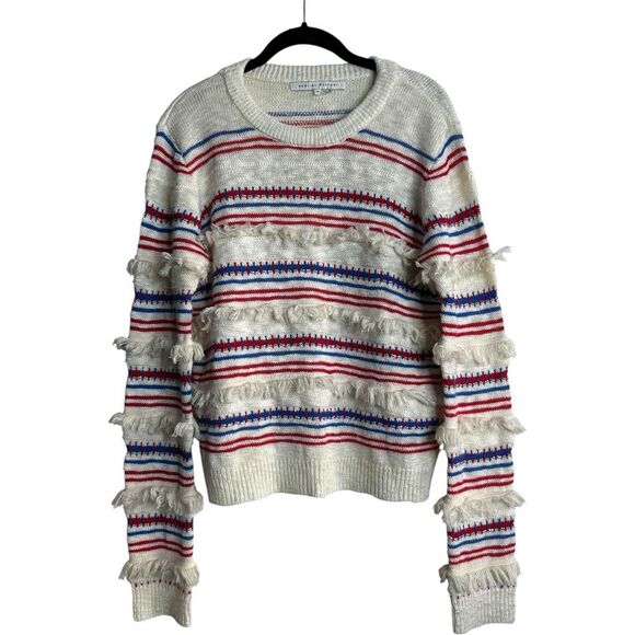 English Factory Striped Fringe Sweater Size M Cream Red Blue 4th of July Patriot - Picture 2 of 9